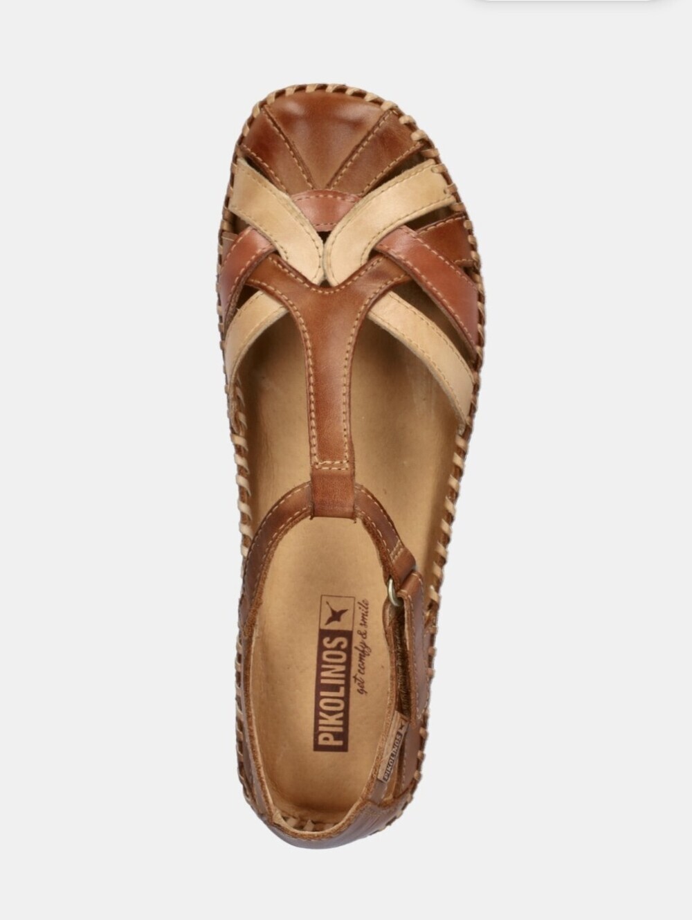 Pikolinos Vallarta Women's Tan & Cream Leather T-Strap Sandals Sz 9 / 9.5 Comfy